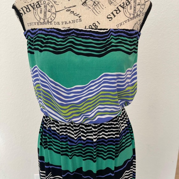 Tori Richard Honolulu Strapless Maxi Dress Green Blue‎ Stripe Beach Cover Up - Picture 5 of 8